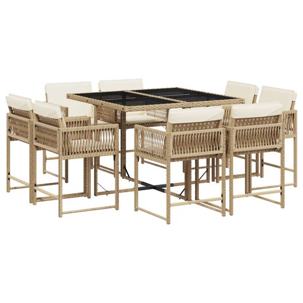 vidaXL Set comedor de jard&iacute;n 9 pzas con cojines rat&aacute;n sint&eacute;tico beige