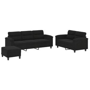 vidaXL Juego de sof&aacute;s con cojines 3 piezas tela microfibra negro