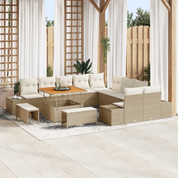 vidaXL Conjunto de sofá de jardín con cojín 13 pcs Beige Poliratán