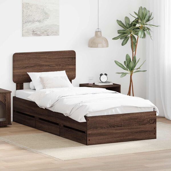 vidaXL Estructura de cama con cabecera Roble marr&oacute;n 75 x 190 cm