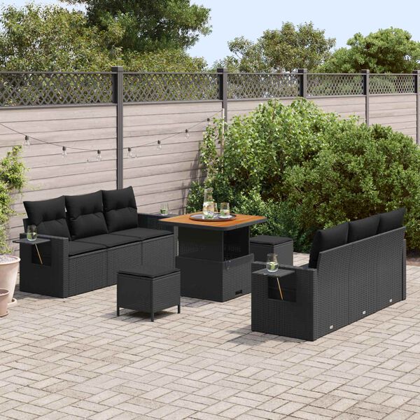 vidaXL Conjunto de sof&aacute; de jard&iacute;n con coj&iacute;n Manual 9 pcs Negro