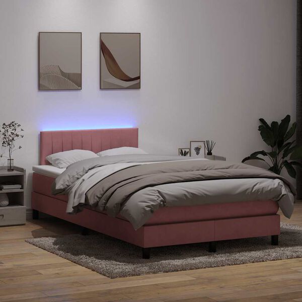 vidaXL Cama box spring con colch&oacute;n y LED terciopelo rosa 120x220 cm