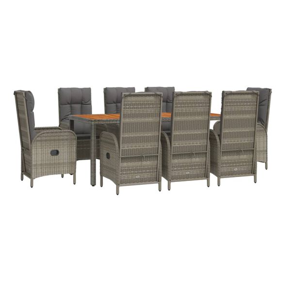 vidaXL Set comedor jard&iacute;n 9 pzas y cojines rat&aacute;n sint&eacute;tico gris