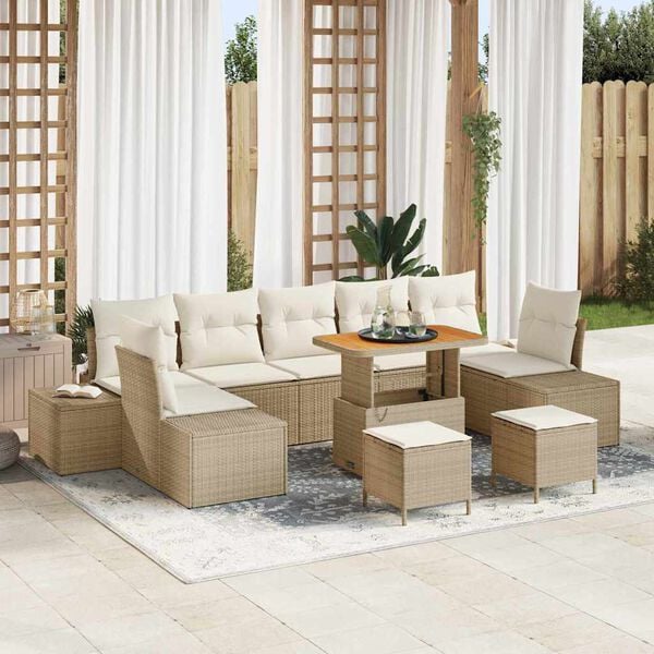vidaXL Conjunto de sofá de jardín con cojín 10 pcs Beige Poliratán
