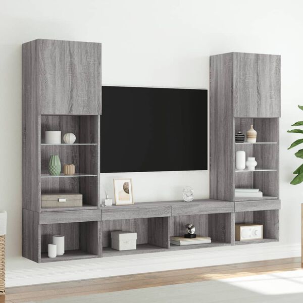 vidaXL Muebles TV pared con LED 5 pzas madera ingenier&iacute;a gris Sonoma