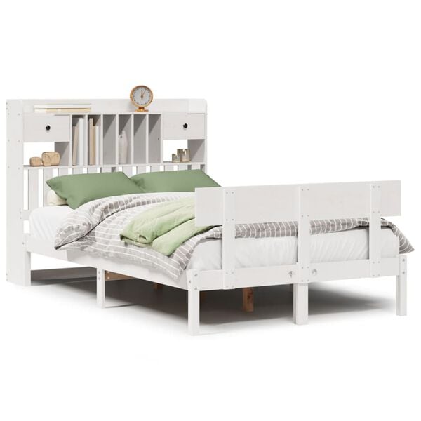 vidaXL Cama con estantería sin colchón madera maciza blanca 135x190 cm