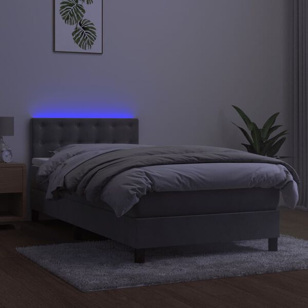 vidaXL Cama box spring colch&oacute;n y LED terciopelo gris claro 90x200 cm