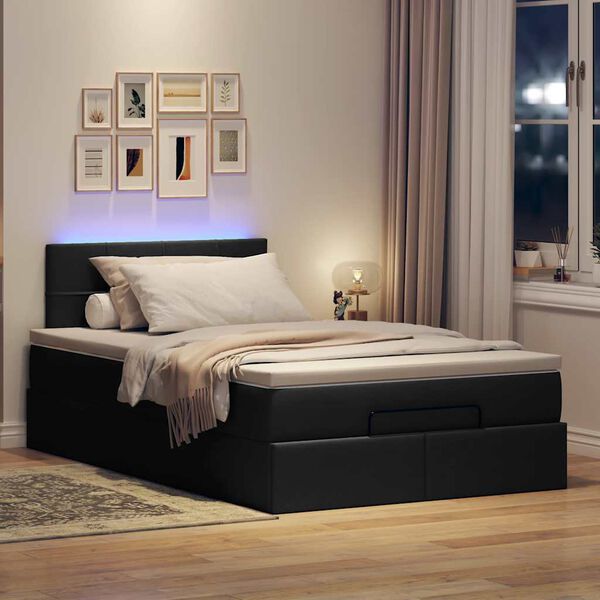 vidaXL Cama otomana con colch&oacute;n y luces LED tela negra 120x190 cm