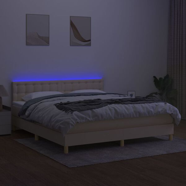 vidaXL Cama box spring con colch&oacute;n y LED tela crema 160x200 cm