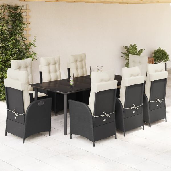 vidaXL Set de comedor de jard&iacute;n 9 pzas y cojines rat&aacute;n sint&eacute;tico negro