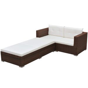 vidaXL Set muebles de jard&iacute;n 3 piezas y cojines rat&aacute;n sint&eacute;tico marr&oacute;n