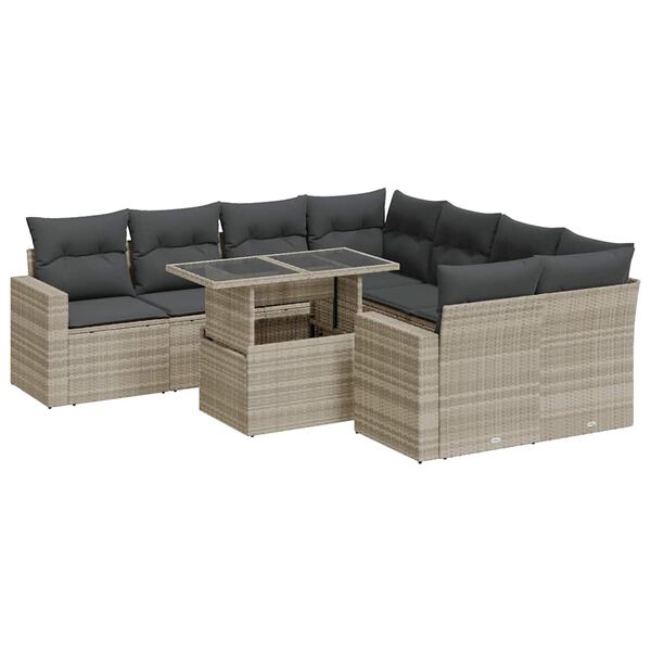 vidaXL Set muebles jard&iacute;n 9 pzas y cojines rat&aacute;n sint&eacute;tico gris claro