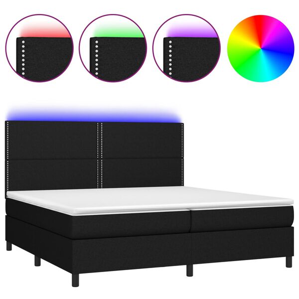 vidaXL Cama box spring colch&oacute;n y luces LED tela negro 200x200 cm