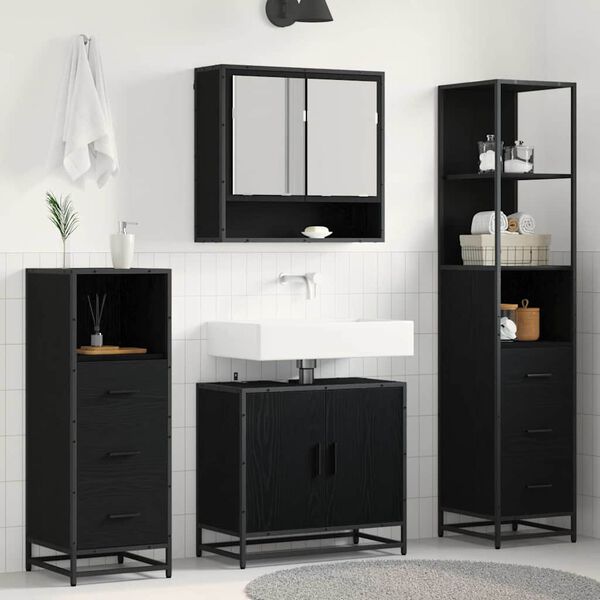 vidaXL Juego de muebles de ba&ntilde;o 4 pcs Roble Negro Madera de ingenier&iacute;a