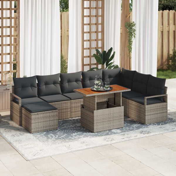 vidaXL Conjunto de sof&aacute; de jard&iacute;n 9 pcs Gris Polirat&aacute;n