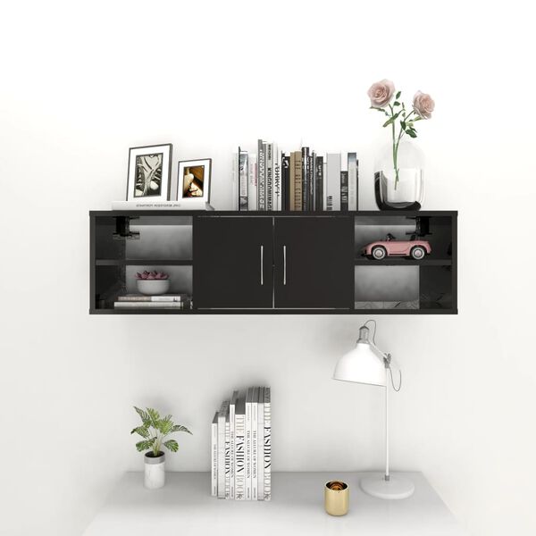 vidaXL Estantería pared madera contrachapada negro brillo 102x30x29 cm