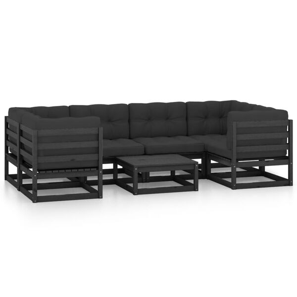 vidaXL Set de muebles de jard&iacute;n 7 pzas con cojines madera pino negro