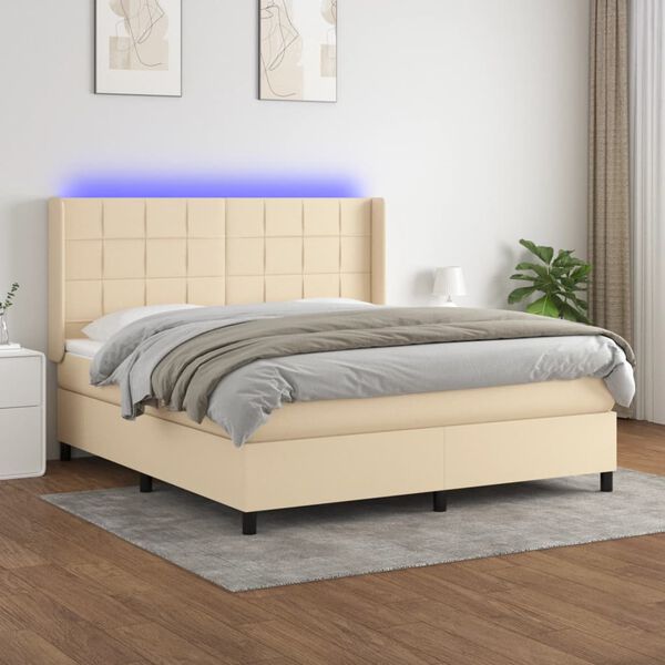 vidaXL Cama box spring colch&oacute;n y luces LED tela crema 180x200 cm