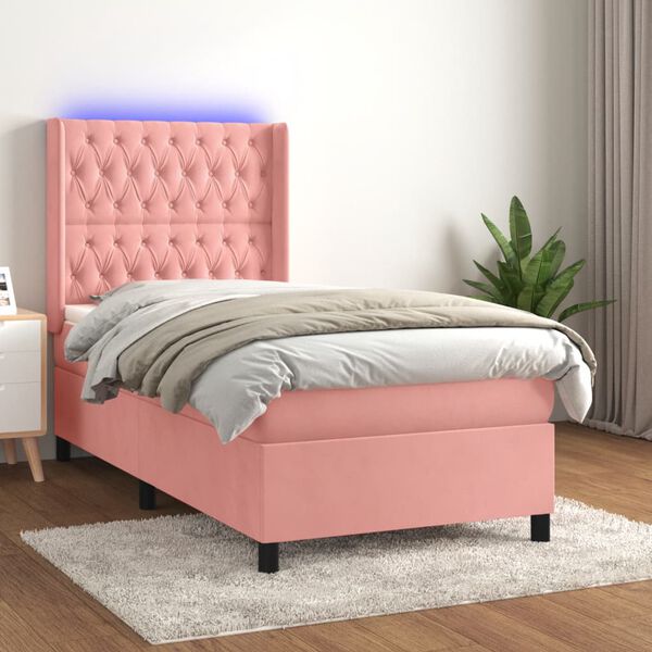 vidaXL Cama box spring colch&oacute;n y LED terciopelo rosa 90x200 cm