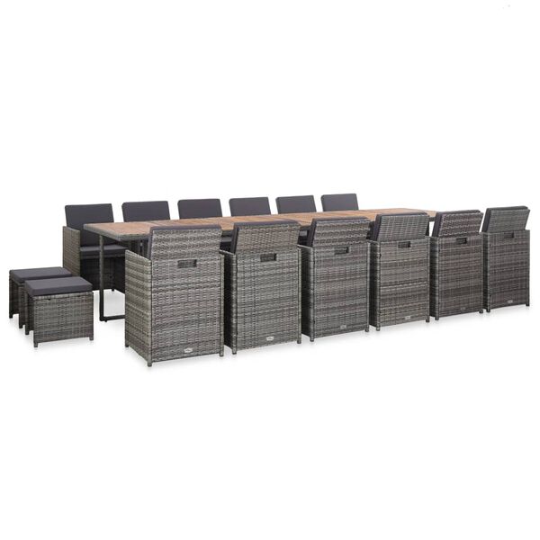 vidaXL Set de comedor de jard&iacute;n 17 pzas y cojines rat&aacute;n sint&eacute;tico gris