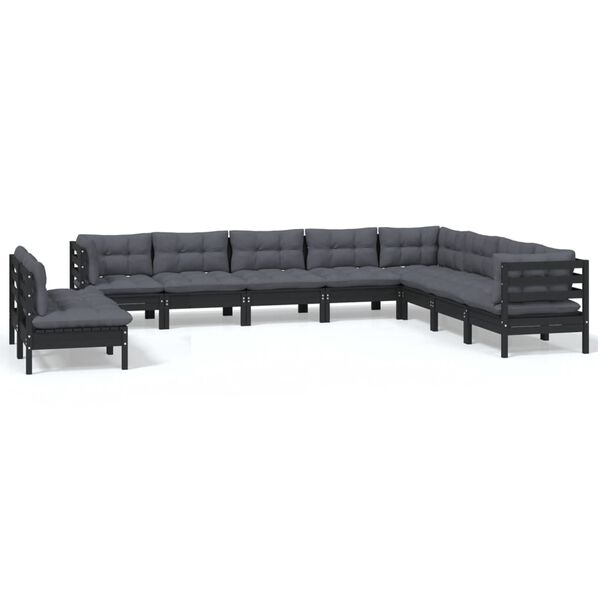 vidaXL Muebles de jardín 10 pzas y cojines negro madera maciza de pino