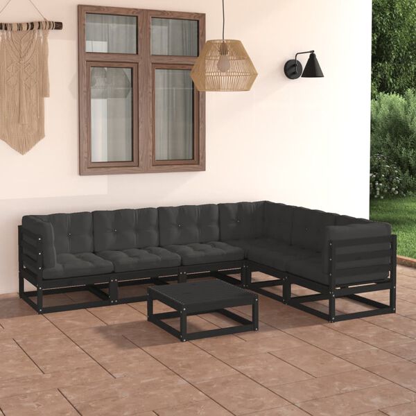vidaXL Set de muebles de jard&iacute;n 7 pzas con cojines madera pino negro