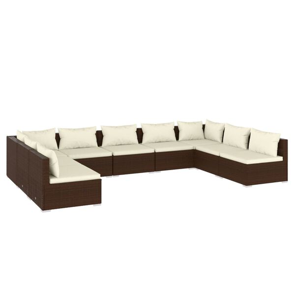vidaXL Set muebles de jard&iacute;n 9 piezas y cojines rat&aacute;n sint&eacute;tico marr&oacute;n