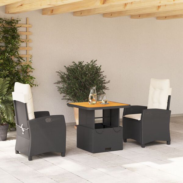 vidaXL Set comedor de jard&iacute;n 3 pzas con cojines rat&aacute;n sint&eacute;tico negro