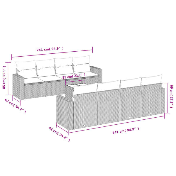 vidaXL Set muebles jard&iacute;n 9 pzas y cojines rat&aacute;n sint&eacute;tico gris claro