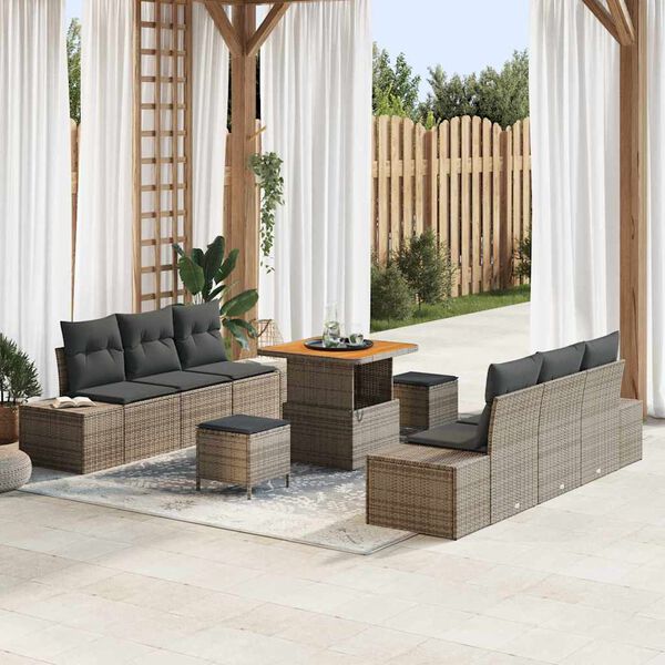 vidaXL Conjunto de sof&aacute;s de jard&iacute;n con coj&iacute;n 9 pcs Gris Polirat&aacute;n