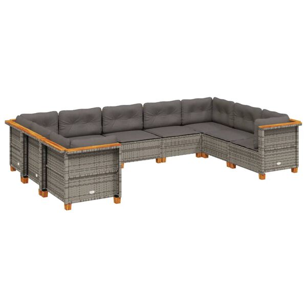 vidaXL Set de muebles de jard&iacute;n 9 pzas y cojines rat&aacute;n sint&eacute;tico gris