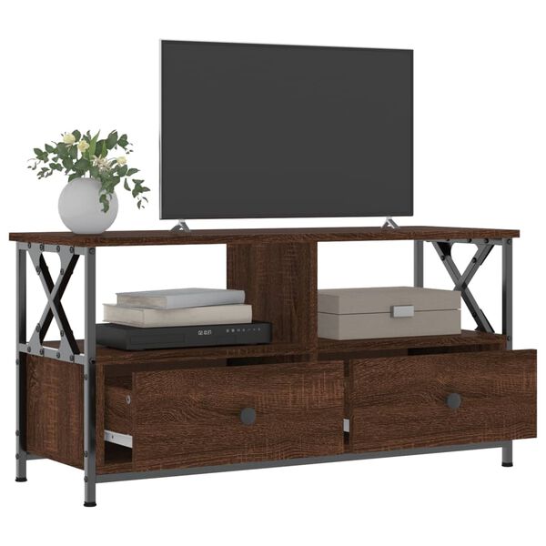 vidaXL Mueble TV hierro y madera contrachapada roble marr&oacute;n 90x33x45cm