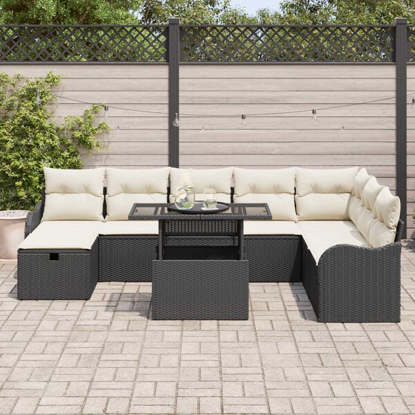 vidaXL Conjunto de sof&aacute; de jard&iacute;n con coj&iacute;n 9 pcs Negro Polirat&aacute;n
