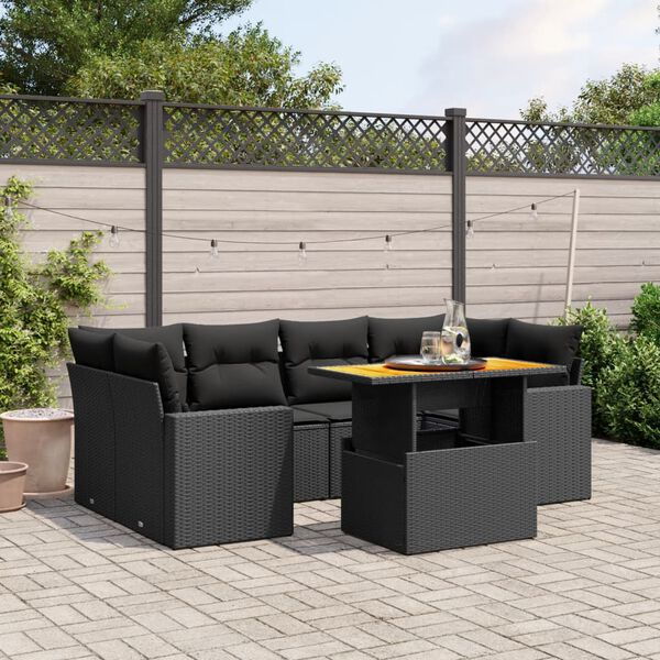 vidaXL Set de comedor de jard&iacute;n 7 pzas y cojines rat&aacute;n sint&eacute;tico negro