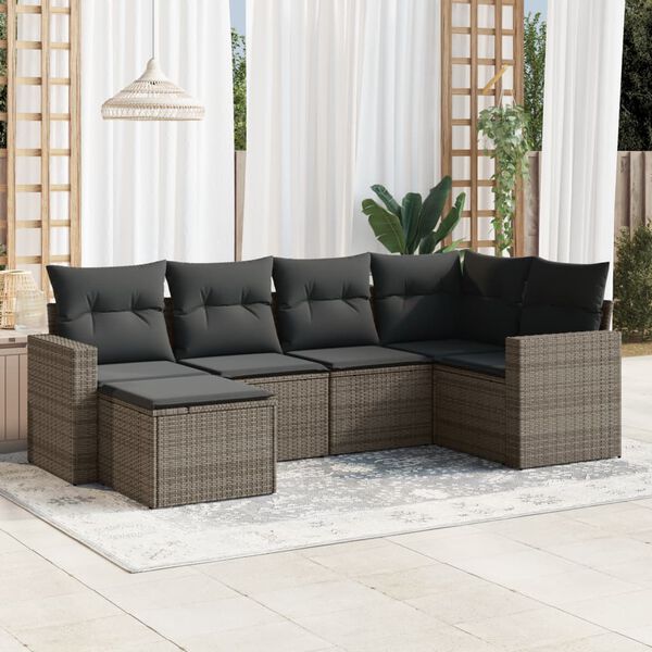 vidaXL Set de muebles de jard&iacute;n 6 pzas y cojines rat&aacute;n sint&eacute;tico gris