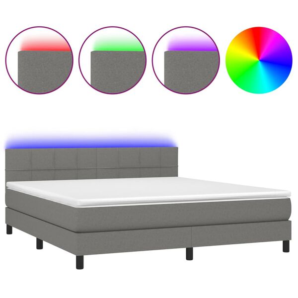 vidaXL Cama box spring colch&oacute;n y luces LED tela gris oscuro 180x200 cm