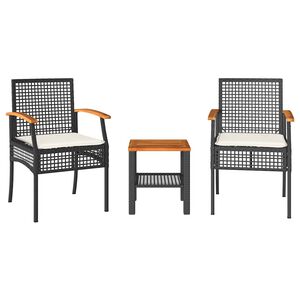 vidaXL Mesita y sillas con cojines 3 pzas rat&aacute;n PE madera acacia negro