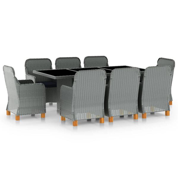 vidaXL Set comedor jard&iacute;n 9 pzas y cojines rat&aacute;n sint&eacute;tico gris claro