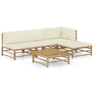 vidaXL Set de muebles de jard&iacute;n 5 piezas bamb&uacute; y cojines blanco crema