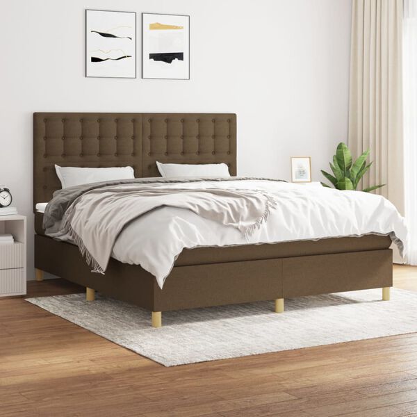 vidaXL Cama box spring con colch&oacute;n tela marr&oacute;n oscuro 180x200 cm