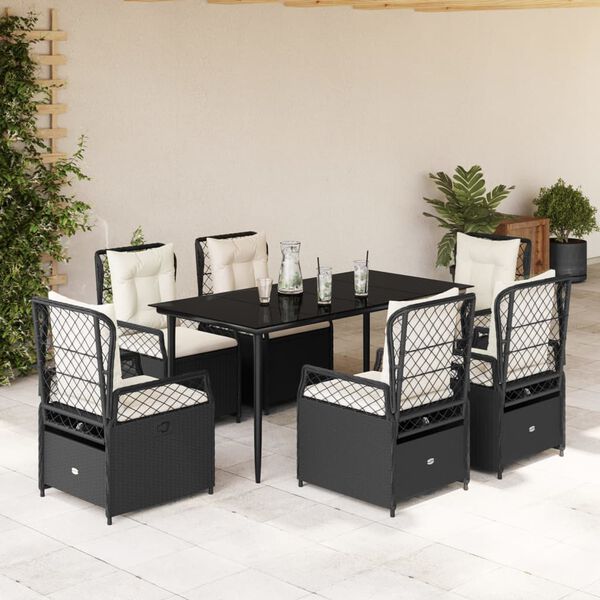 vidaXL Set de comedor de jard&iacute;n 7 pzas y cojines rat&aacute;n sint&eacute;tico negro