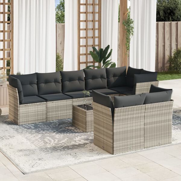 vidaXL Set muebles jard&iacute;n 9 pzas y cojines rat&aacute;n sint&eacute;tico gris claro
