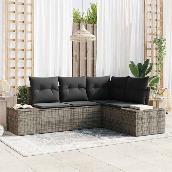 vidaXL Conjunto de sof&aacute; de jard&iacute;n 4 pcs Gris rat&aacute;n sint&eacute;tico