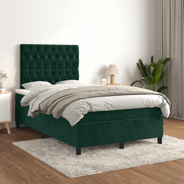 vidaXL Cama box spring con colch&oacute;n terciopelo verde oscuro 120x190 cm