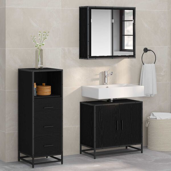 vidaXL Juego de muebles de ba&ntilde;o 3 pcs Roble Negro Madera de ingenier&iacute;a