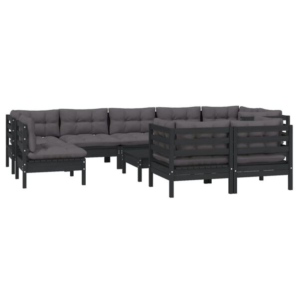 vidaXL Muebles de jard&iacute;n 10 pzas con cojines negro madera maciza pino