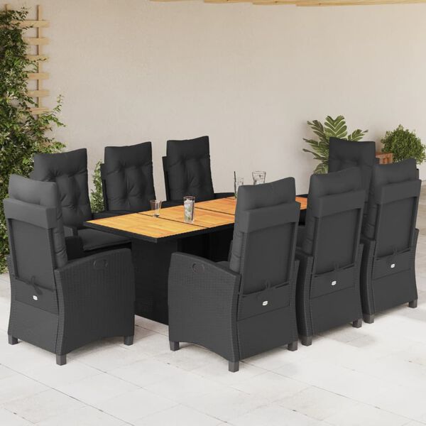 vidaXL Set de comedor de jard&iacute;n 9 pzas y cojines rat&aacute;n sint&eacute;tico negro