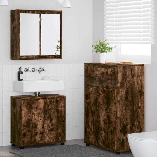 vidaXL Juego de muebles de ba&ntilde;o con caj&oacute;n Manual 3 pcs Roble ahumado