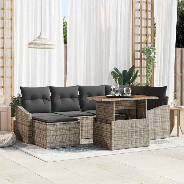 vidaXL Conjunto de sof&aacute; de jard&iacute;n 7 pcs Gris Polirat&aacute;n