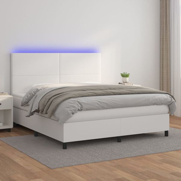 vidaXL Cama box spring colch&oacute;n y LED cuero sint&eacute;tico blanco 160x200 cm